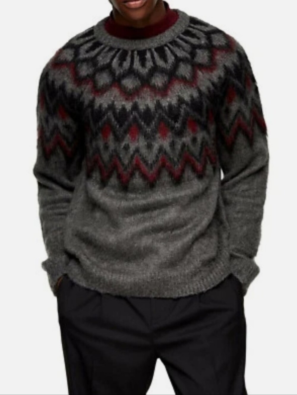 Topman Grey Crewneck Sweater with Red and Black Fair Isle Yoke